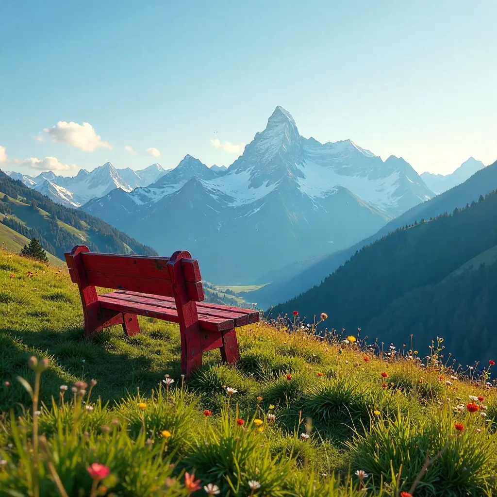 Lonely Red Bench Over Tirol Alpine Vista