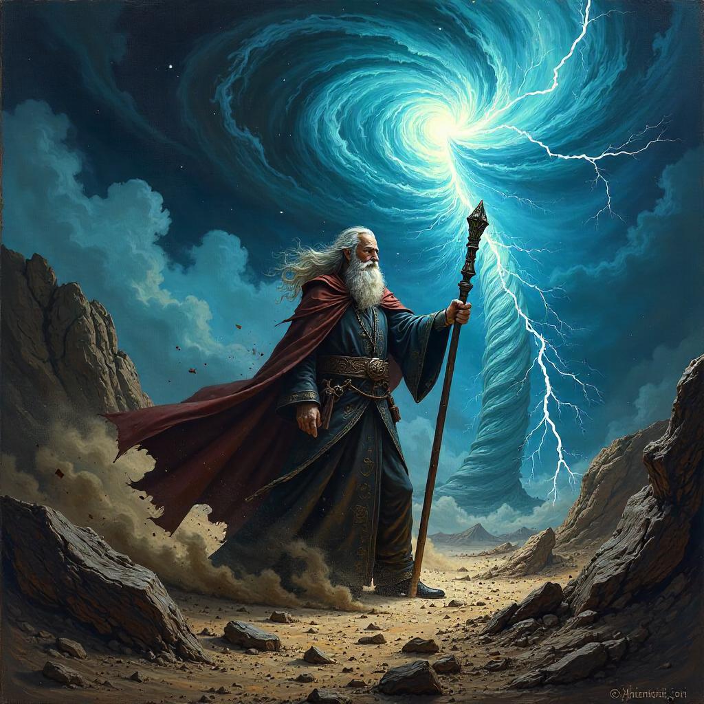 Wizard Amid the Tornado: An Oil Painting