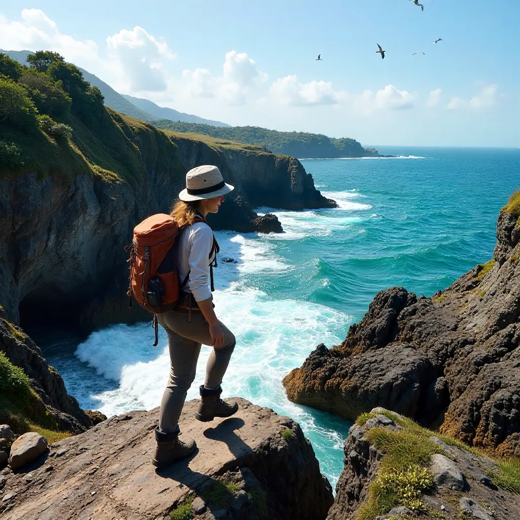 Woman Trekking a Rugged Lampung Coastline at Daylight