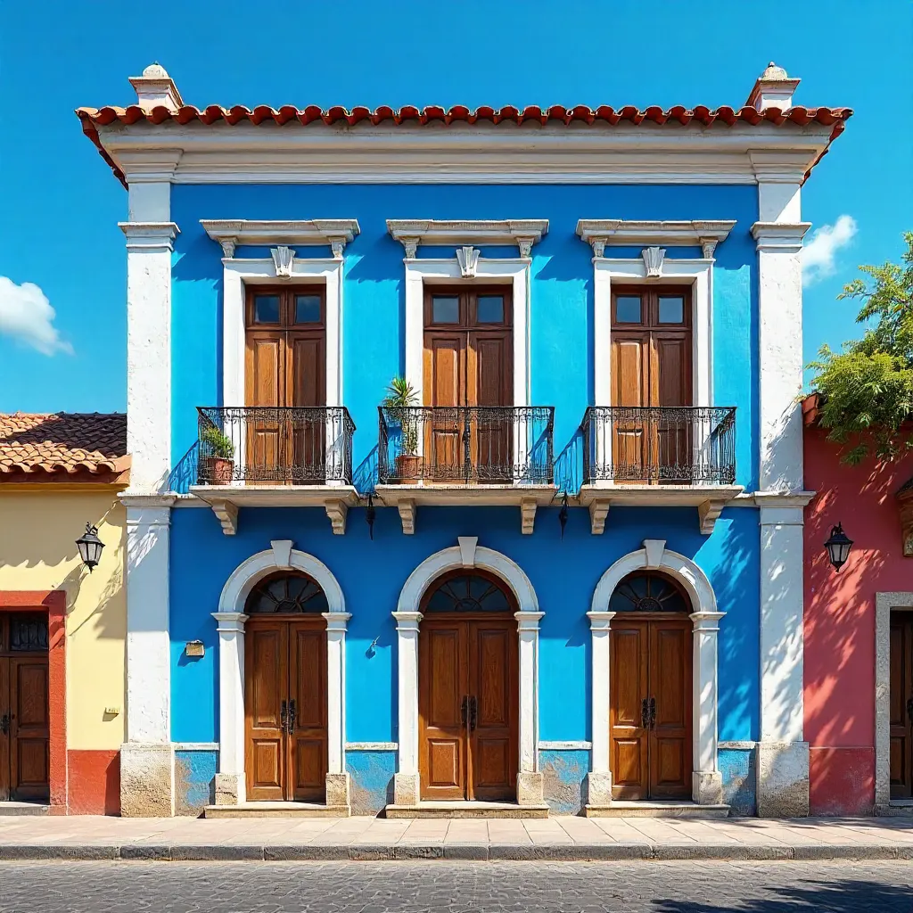 Vibrant Blue Colonial Facade in Campeche