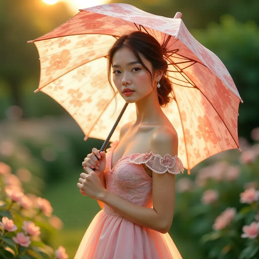 Floral Umbrella Portrait: Pink Dress Fashion Concept