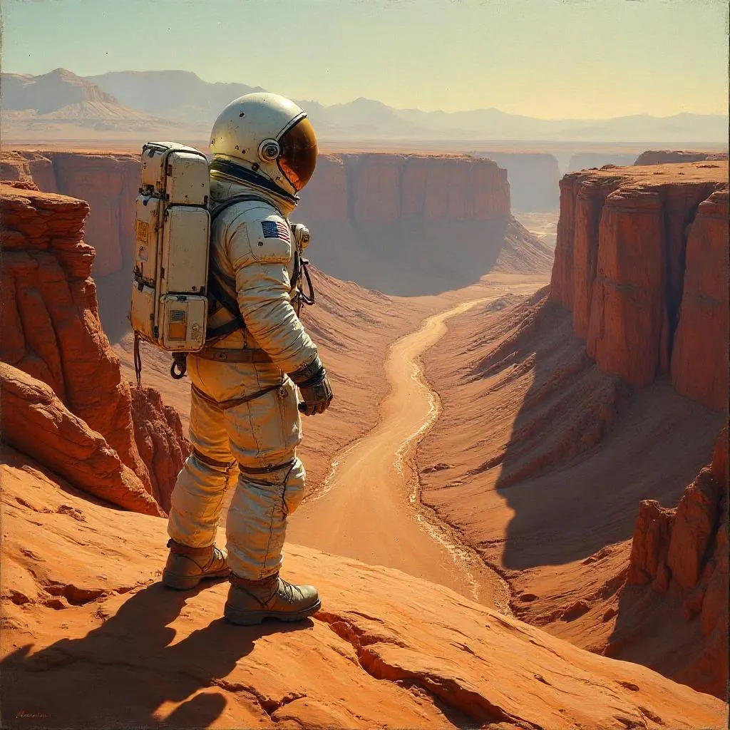 Astronaut in a Desert Canyon: An Oil Painting