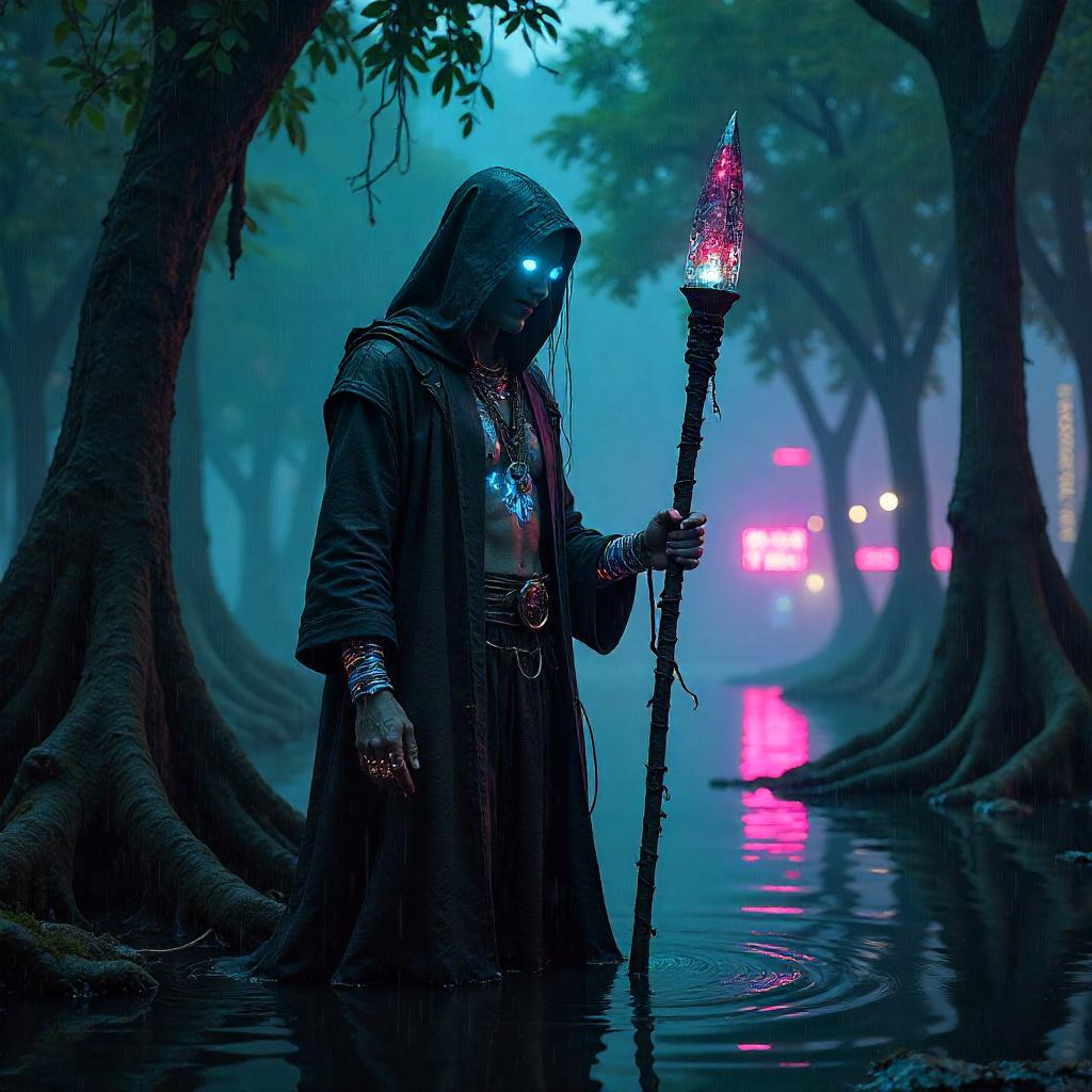 Prophet of Neon Mangroves in Cyberpunk Swamp