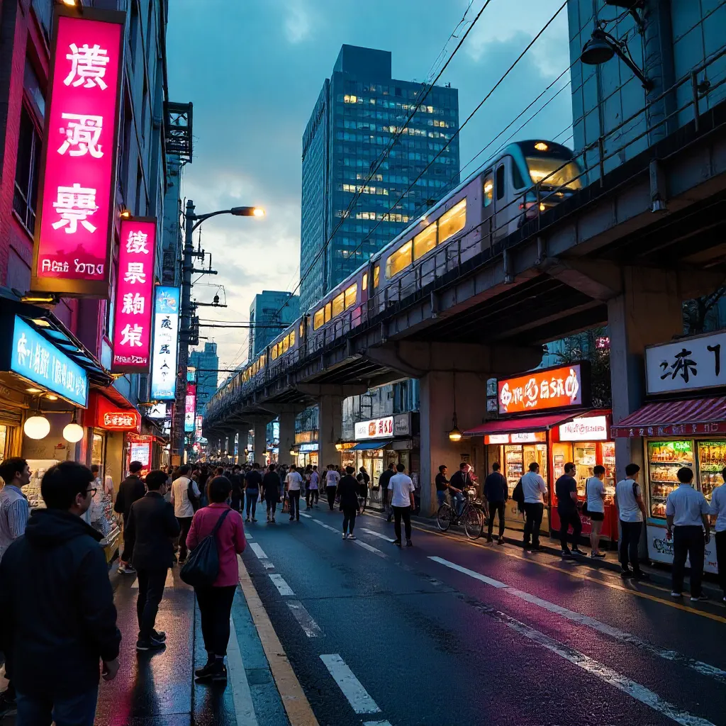 Tokyo Street Scene: Pedestrians, Cyclists and a Passing Train