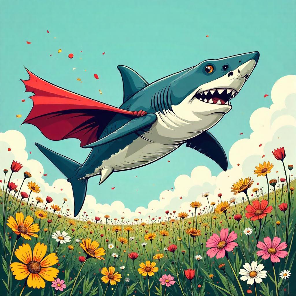 Shark Hero in a Flower Field, Comic Style