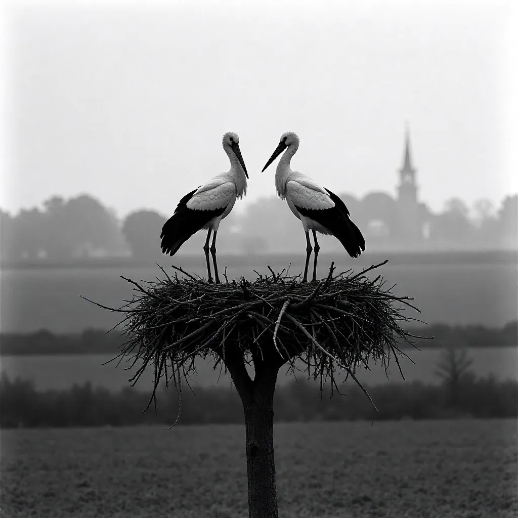 Monochrome Stork Pair on Nest in German Countryside