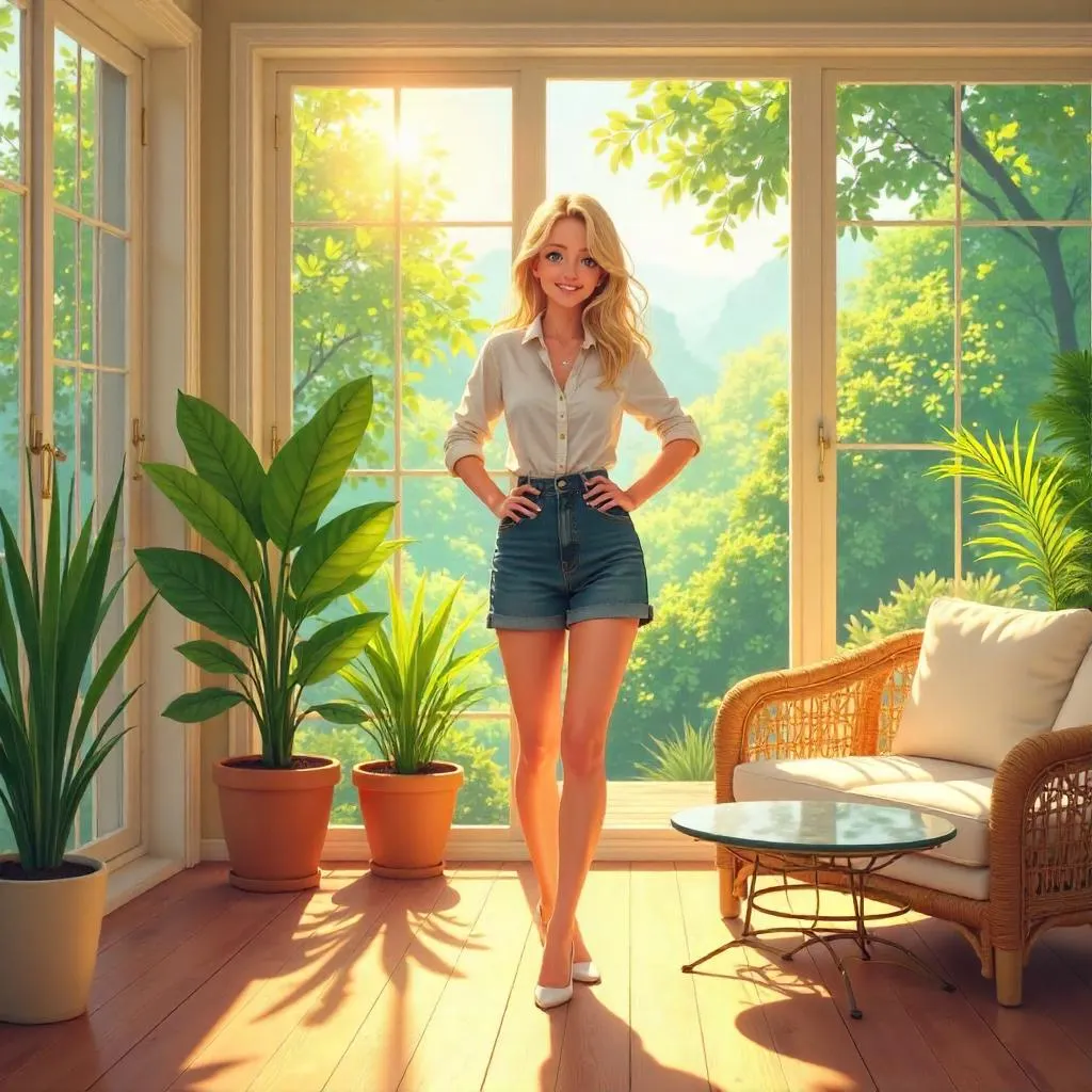 Confident White Woman in a Sunlit Anime Sunroom