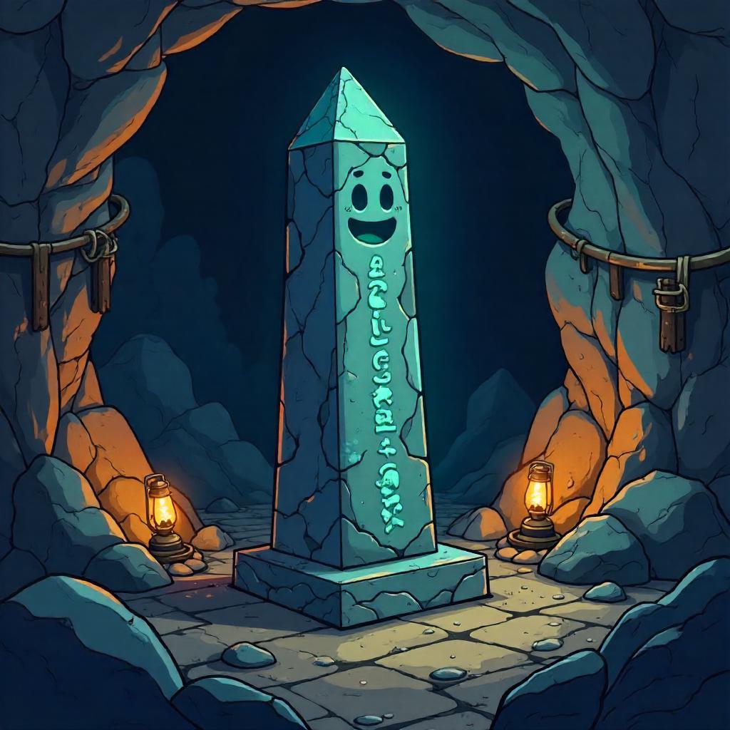 Cartoon Obelisk in a Dim Mining Tunnel