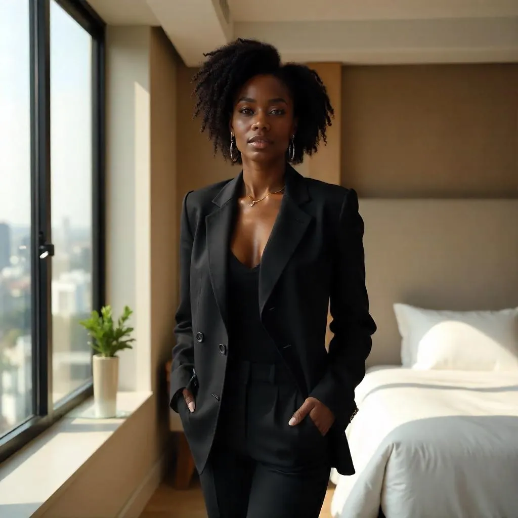 Confident Black Woman in a Photorealistic Hotel Room