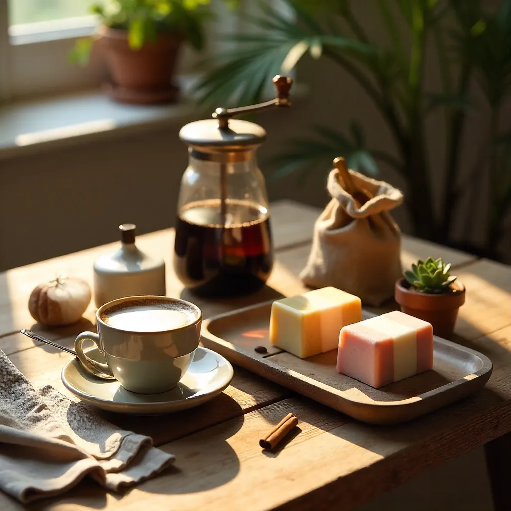 Cozy Wooden Table Coffee Setup with Soaps