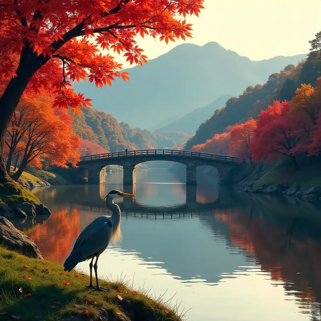 Heron by Togetsukyo Bridge in Autumn Arashiyama