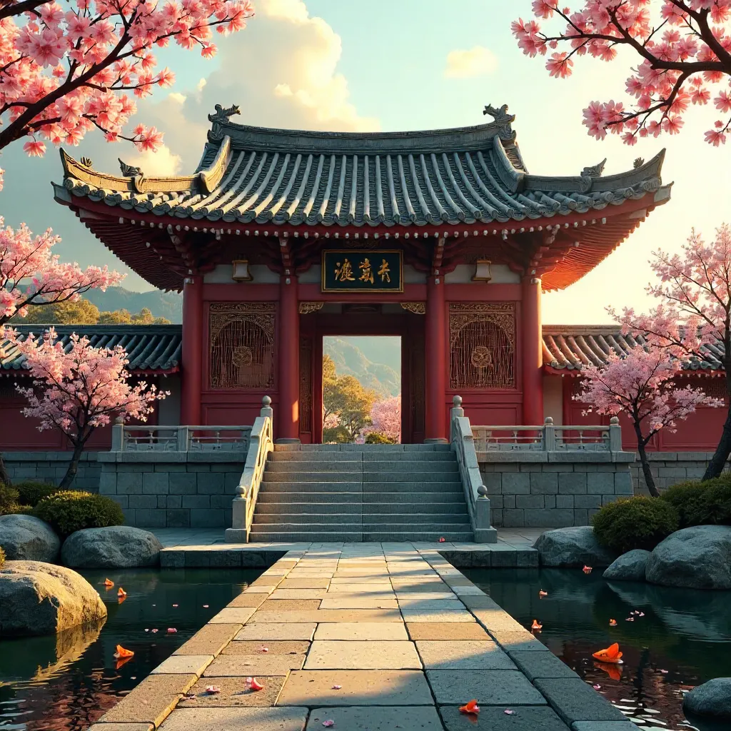 Sunlit Traditional Asian Temple with Ornate Roof