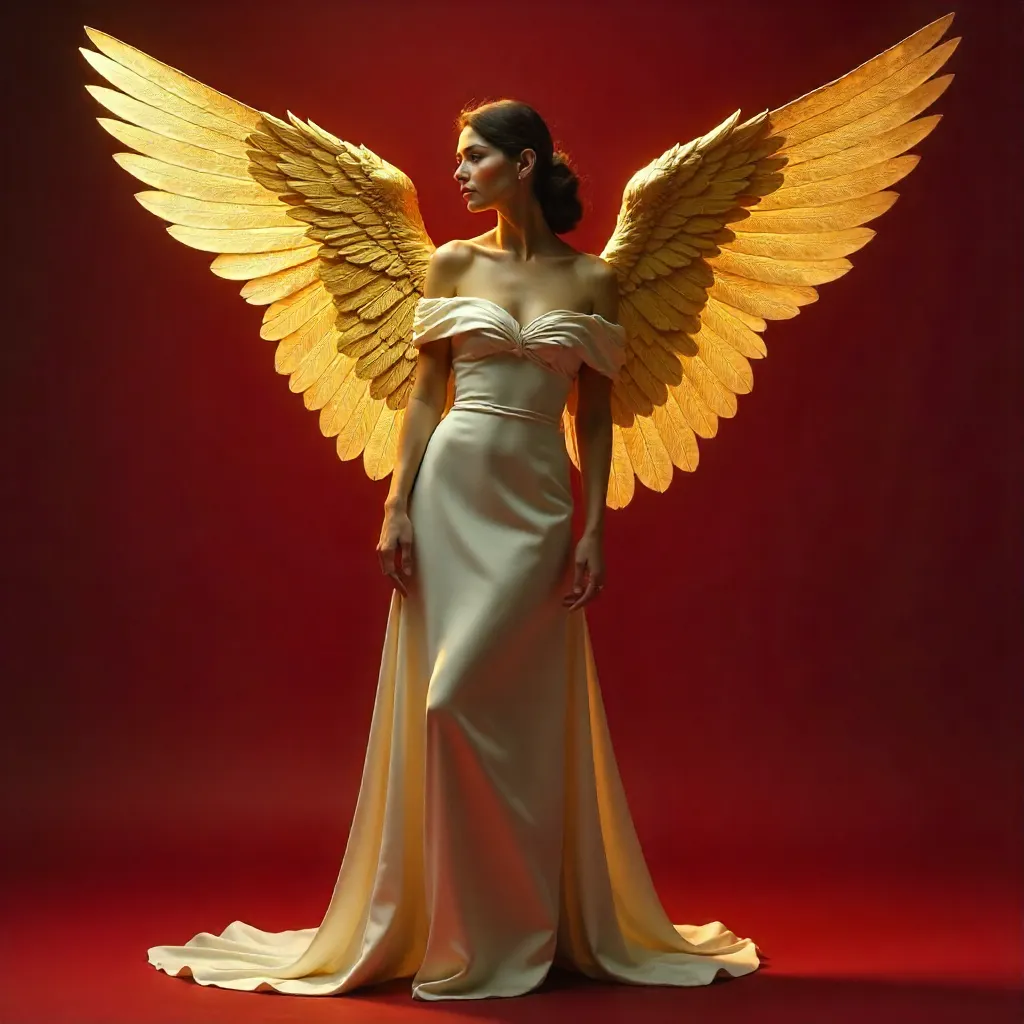 Crimson Backdrop, Golden Wings: Elegant Angel