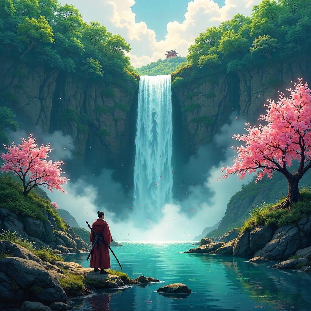Feudal Japan Waterfall in Anime Style