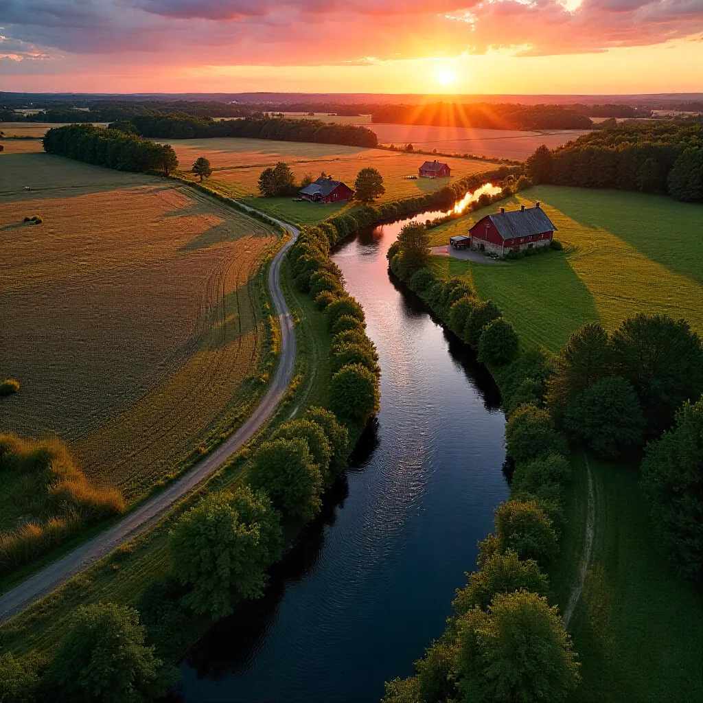 Drone Over Quebec Farmlands Along a Winding River at Sunset