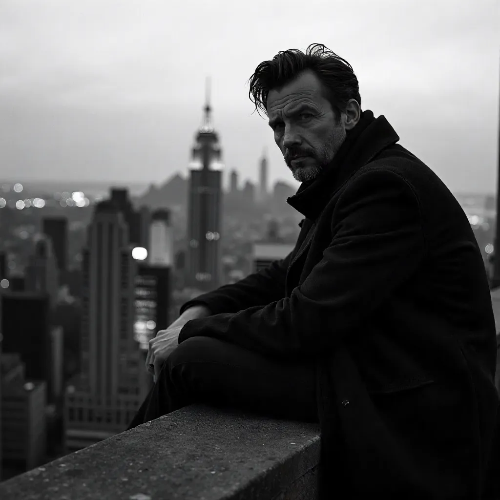 Nocturnal Rooftop Portrait in B/W Cityscape