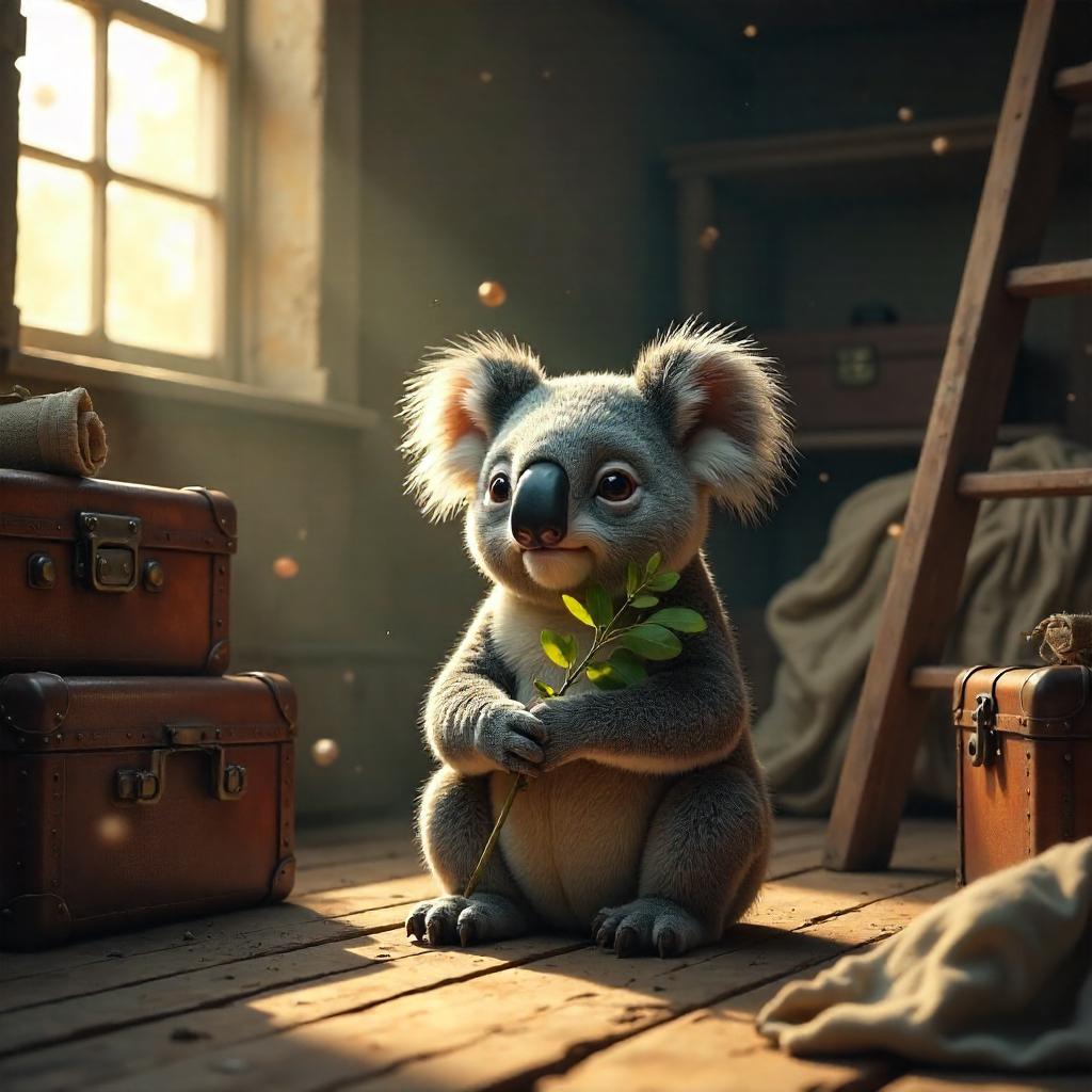 Photoreal Koala in a Dusty Attic Sunbeam