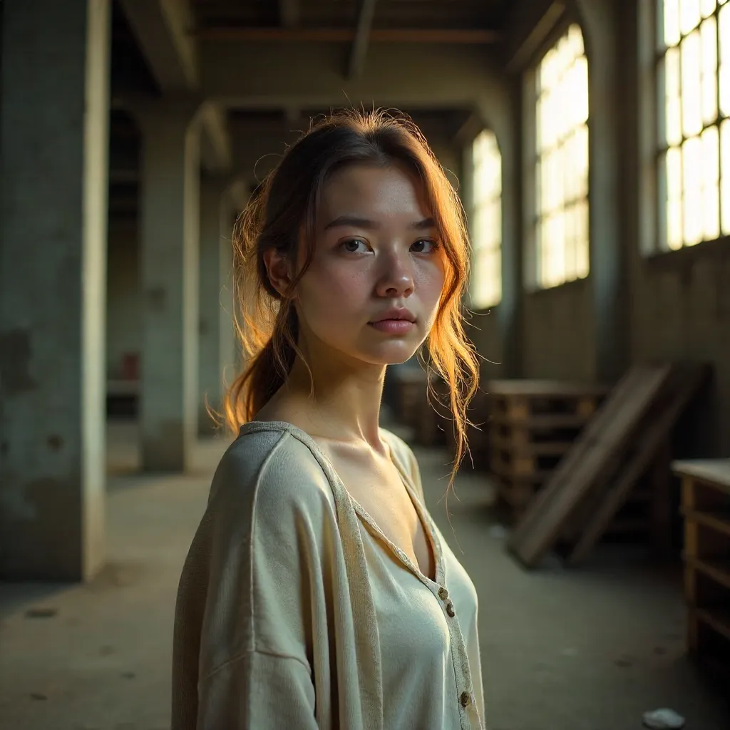 Soft Light Portrait of a Young Woman in a Warehouse