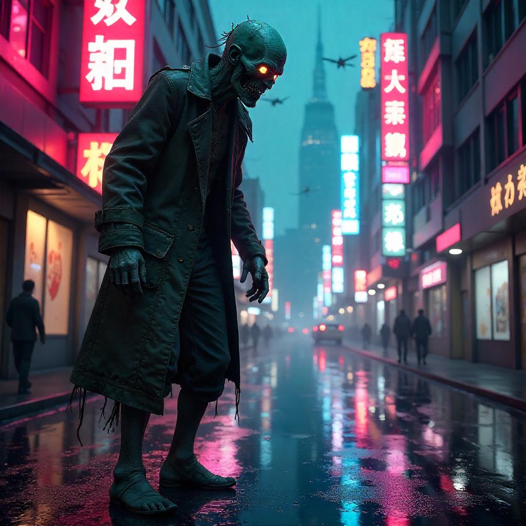 Neon Zombie in a Cyberpunk City