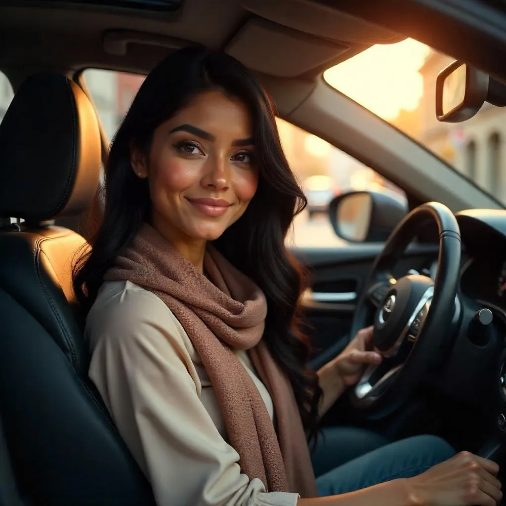 Golden hour 3D render: Indian woman in luxury car