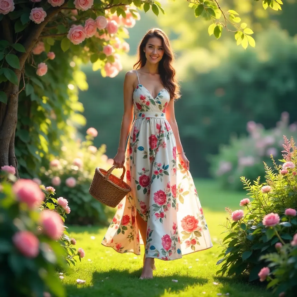 Woman in Floral Dress with Basket in a Lush Garden