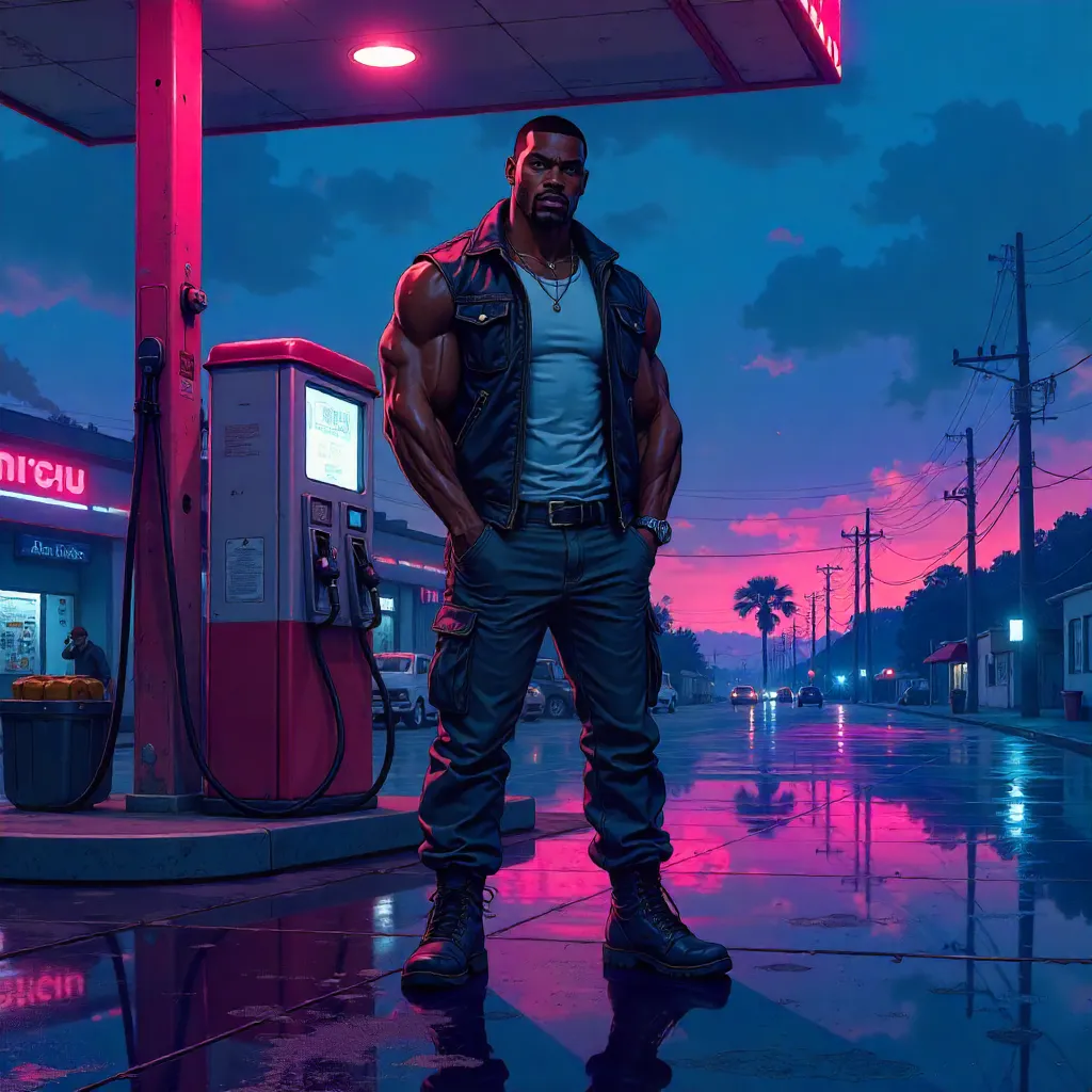 Anime-Style Strong Black Man at a Neon Gas Station