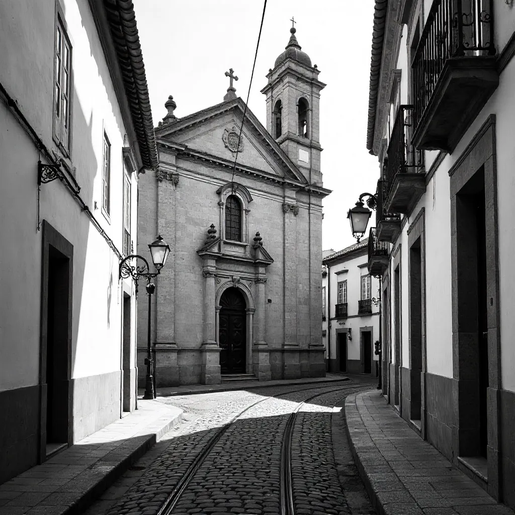 Black and White Porto: Historic Church on a Cobblestone Street