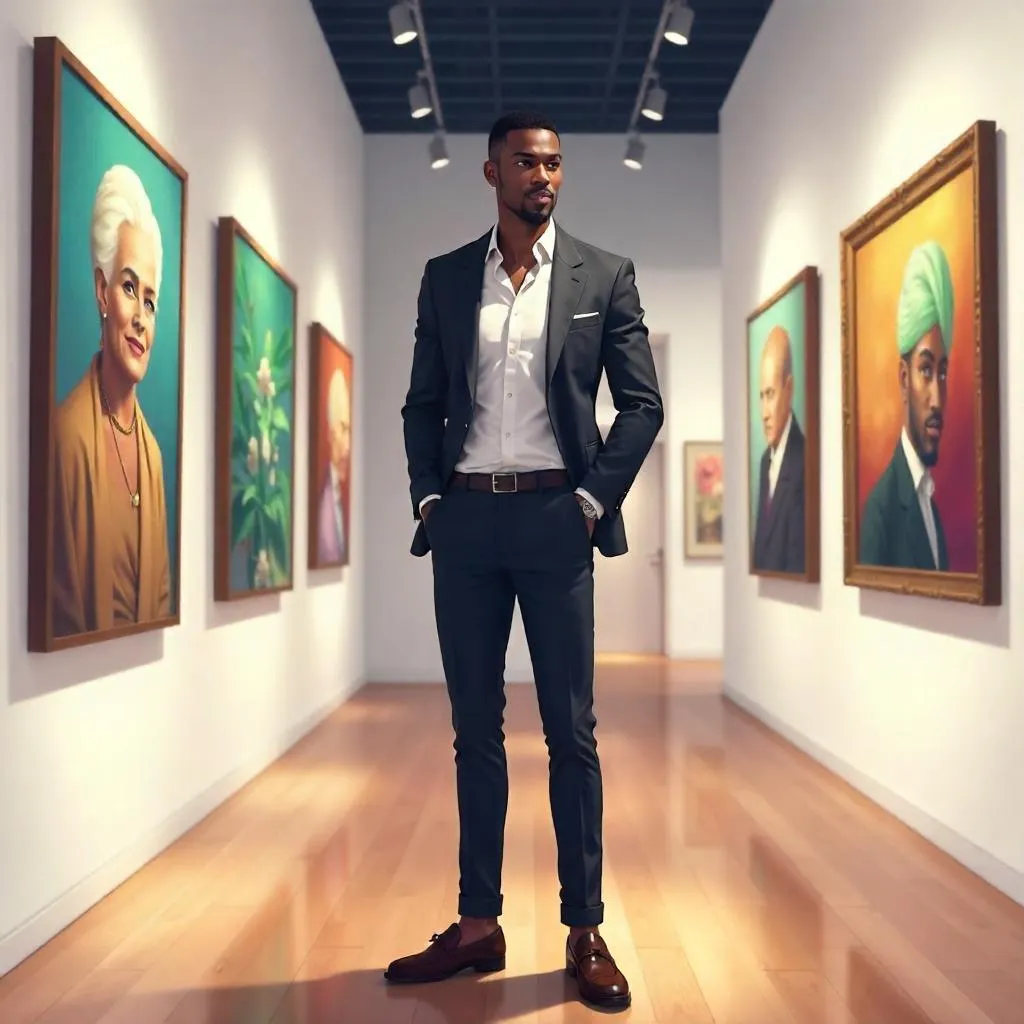 Handsome Black Man in Anime Style at the Gallery