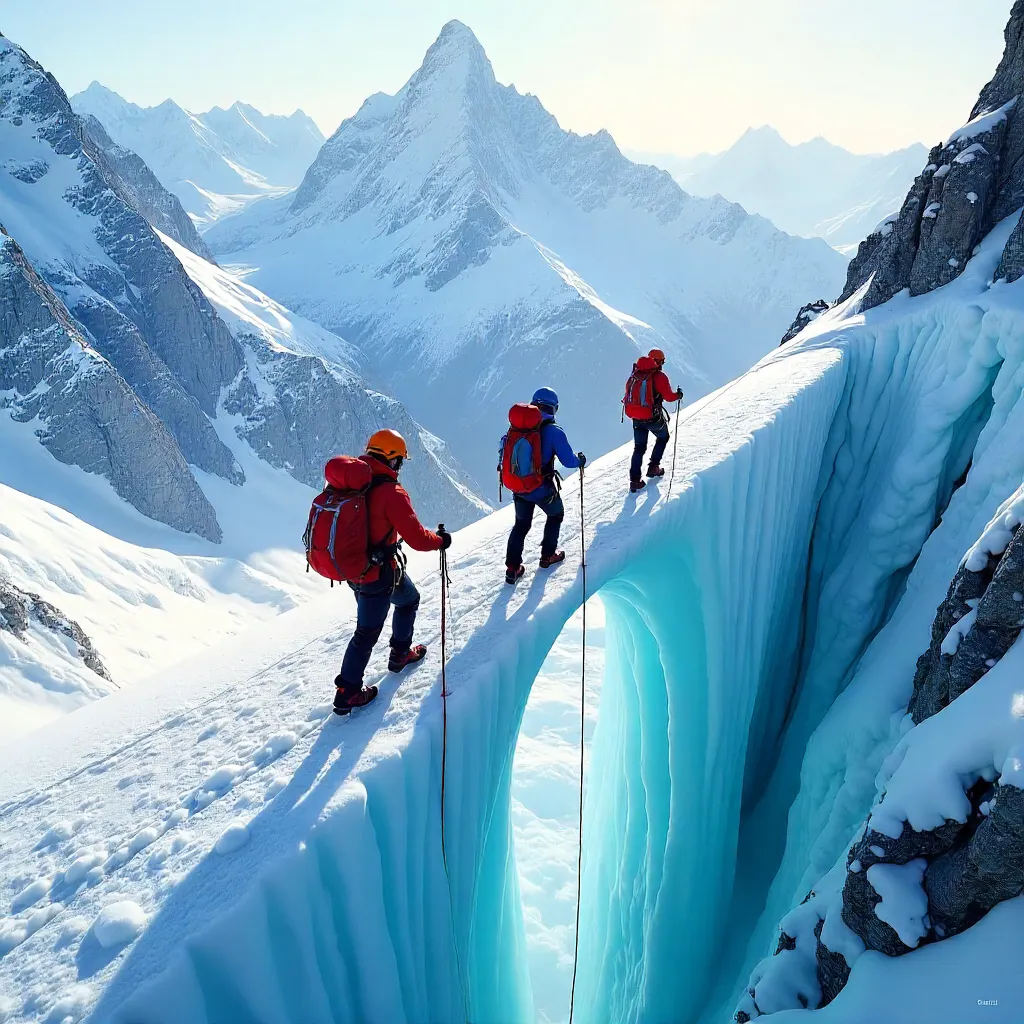Three Climbers Navigating Chamonix Crevasses