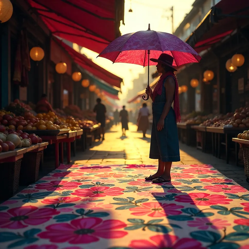 Silhouette under a vivid umbrella at a floral market