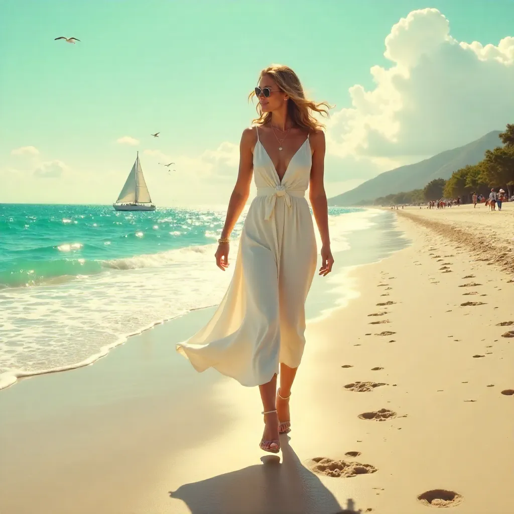 Elegant Beach Walk on a Sunny Summer Day