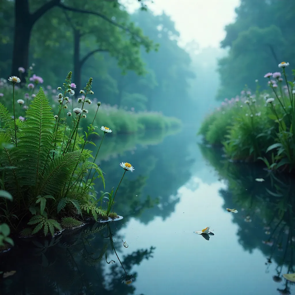Moody Ferns Reflected on Quiet Water