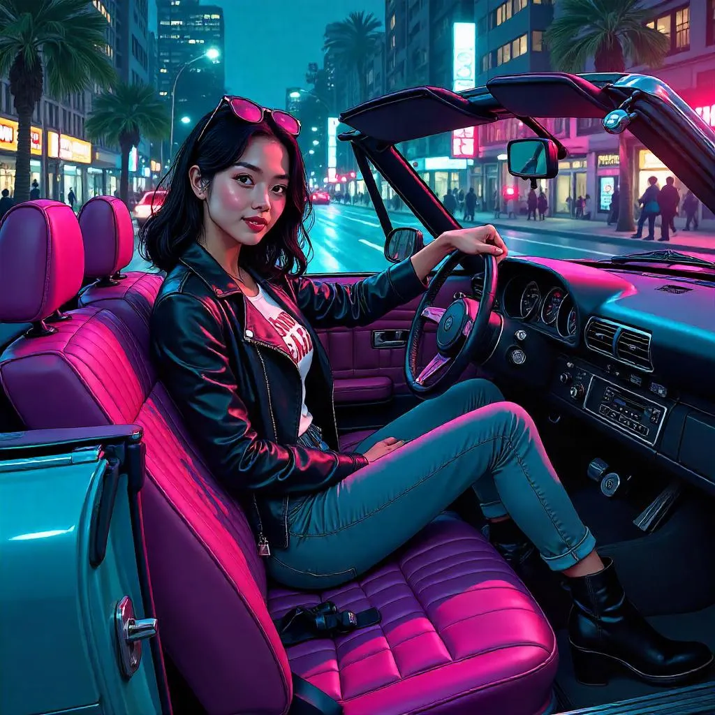 Neon Noir: Stylish Asian Girl in a Car
