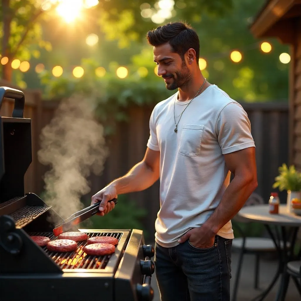Handsome Latino Man at a Backyard Barbecue