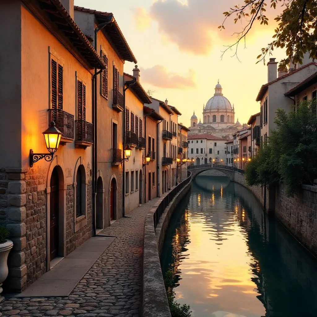 Golden Hour Facades of Girona with Vintage Lamps