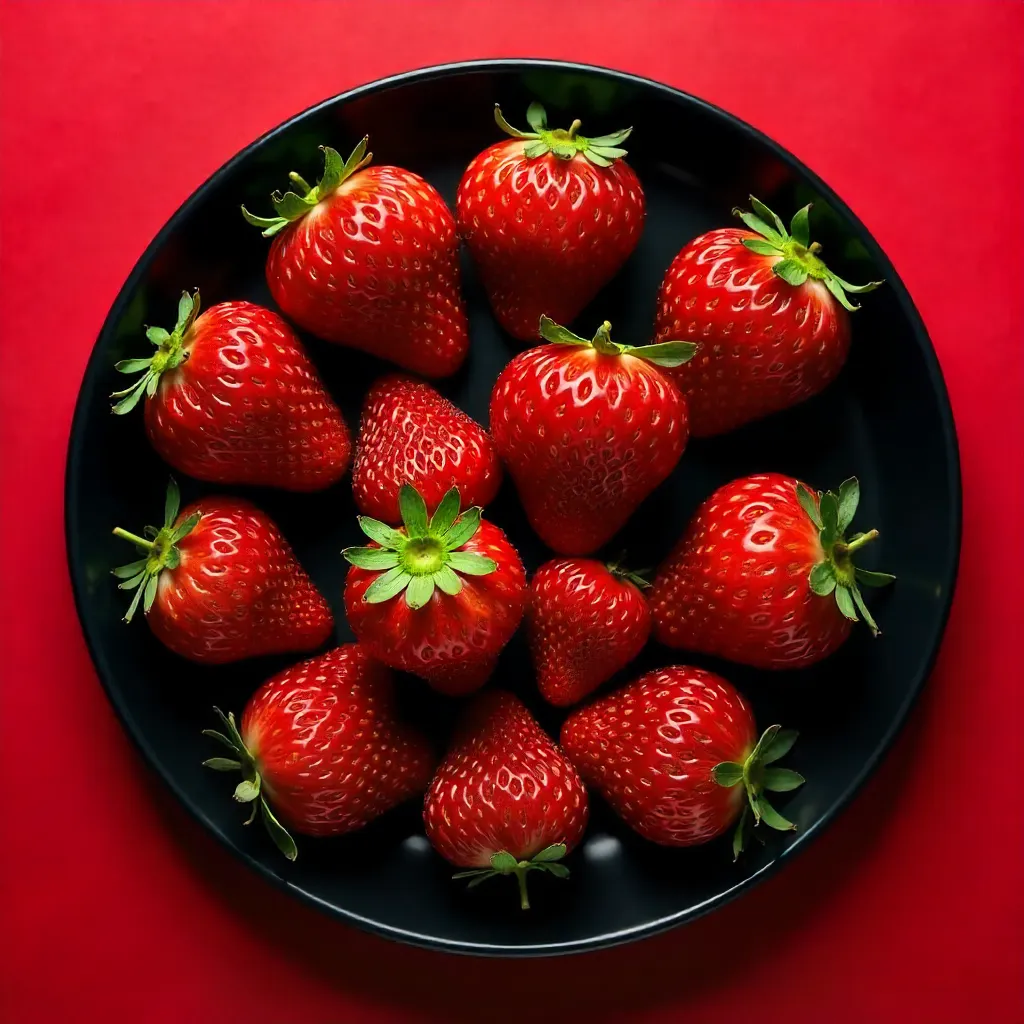 Overhead Shot: Ripe Strawberries on Black Plate