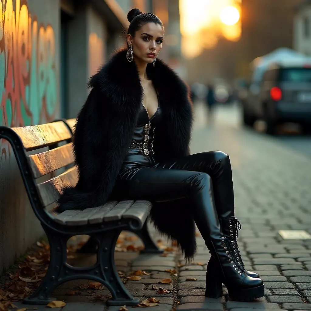 Edgy Outdoor Couture: Woman in Black Fur Coat
