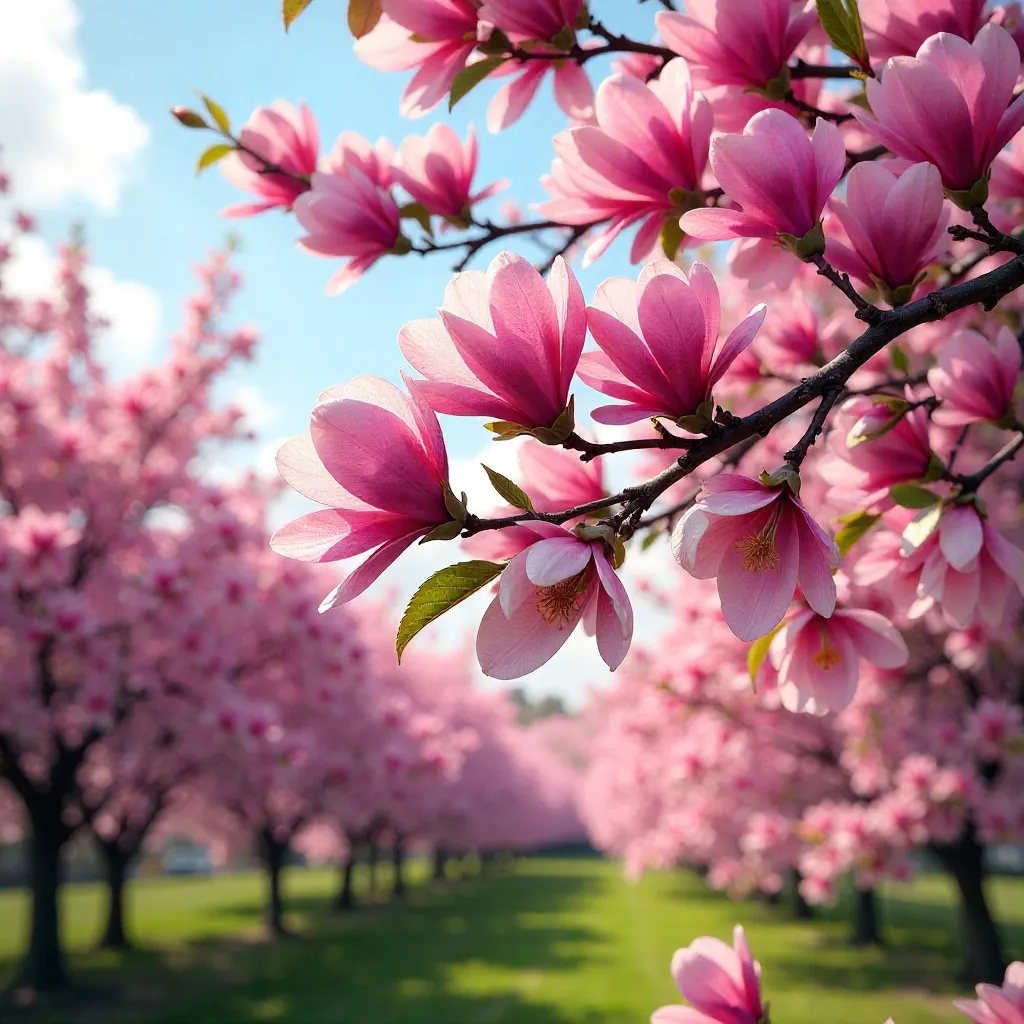 Vibrant Pink Magnolias Blooming in Spring Sky