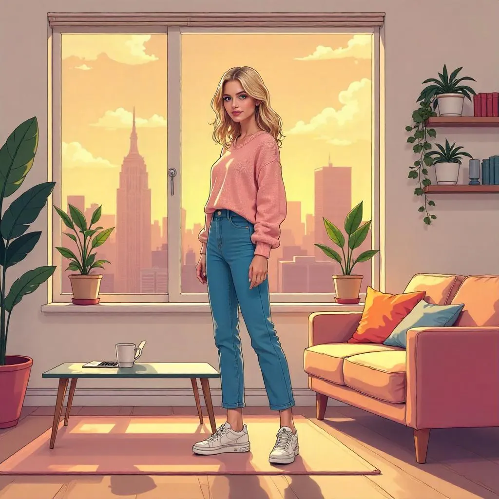Stylish White Girl in a Cozy Cartoon Apartment