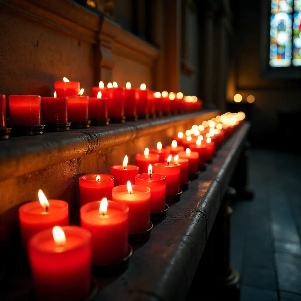 Red Votive Glow on a Dim Church Altar