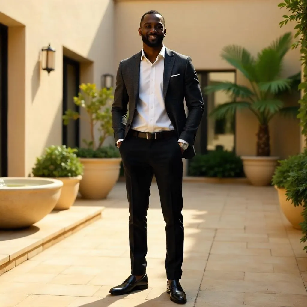 Stylish Black Man in a Courtyard, Photorealistic