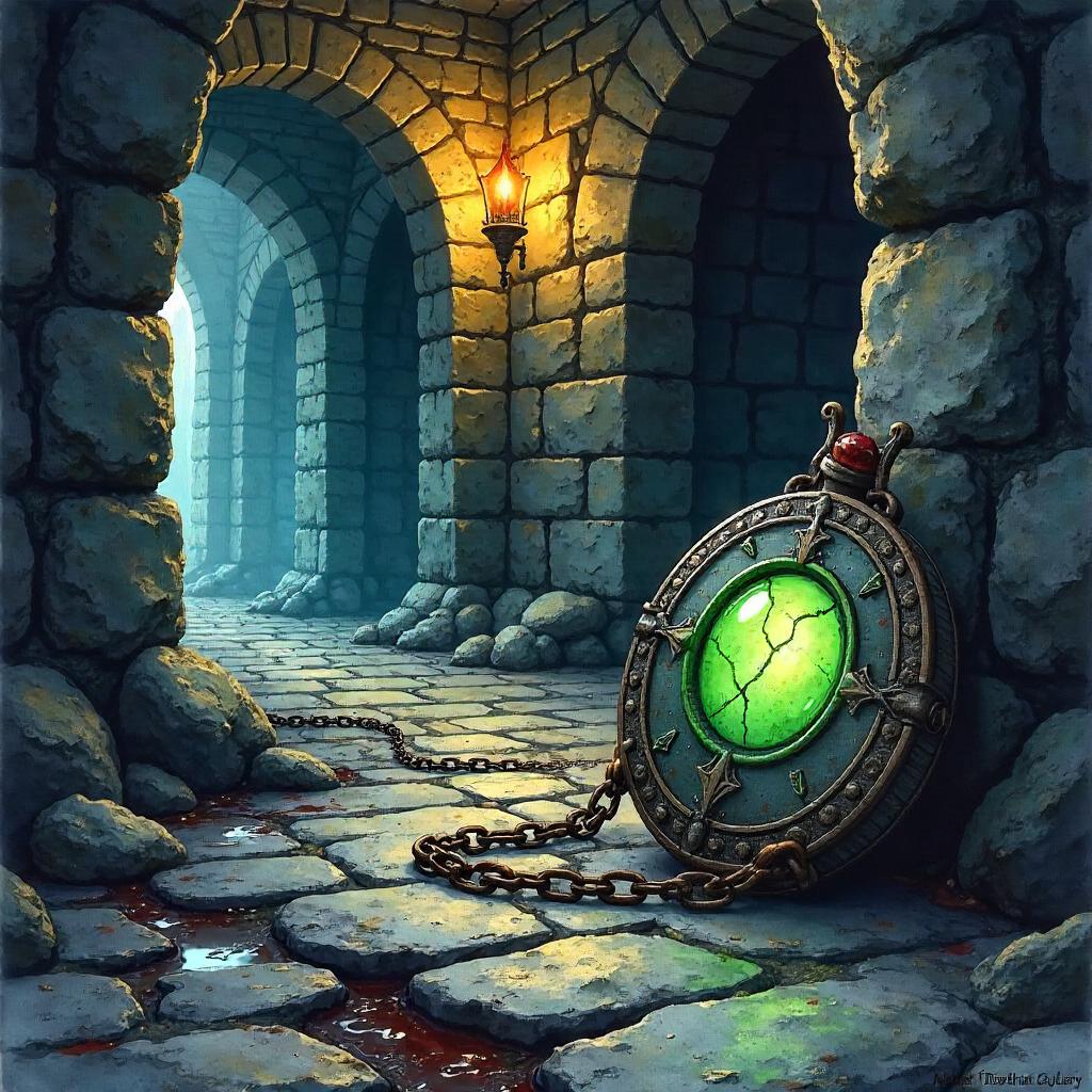 Cursed Amulet in a Damp Castle Dungeon