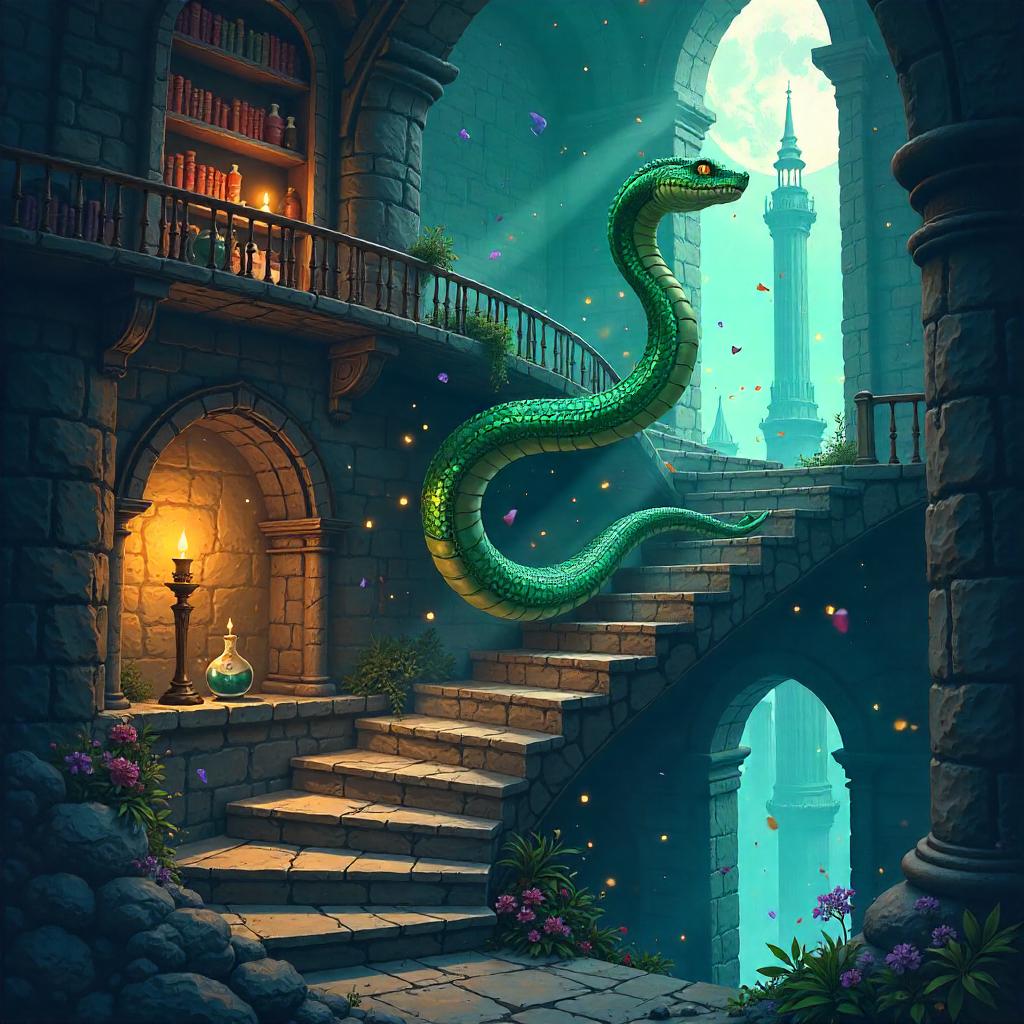 Snake Wizard in a Moonlit Wizard Tower (Anime Style)