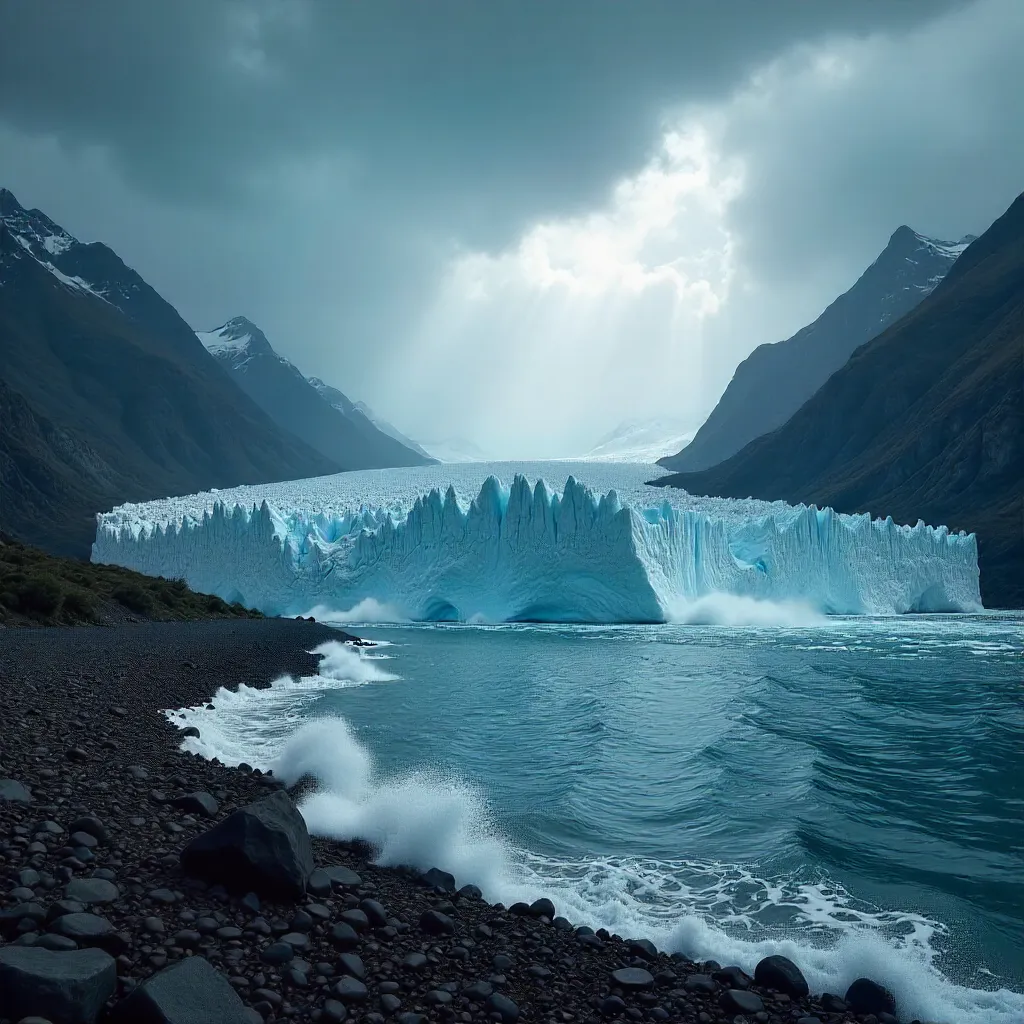 Glacier Crowned by Dark Peaks Under Stormy Skies