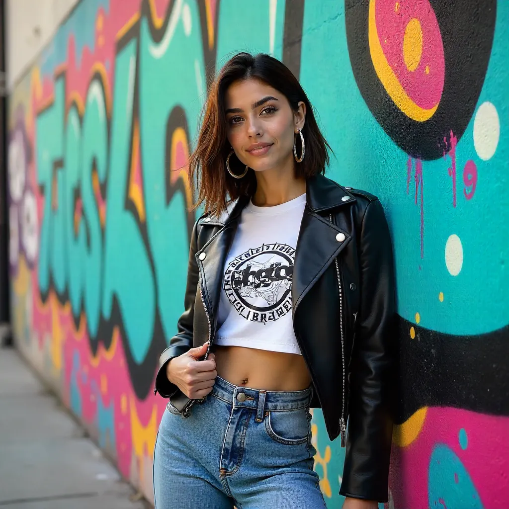 Confident Woman Against Neon Graffiti Wall