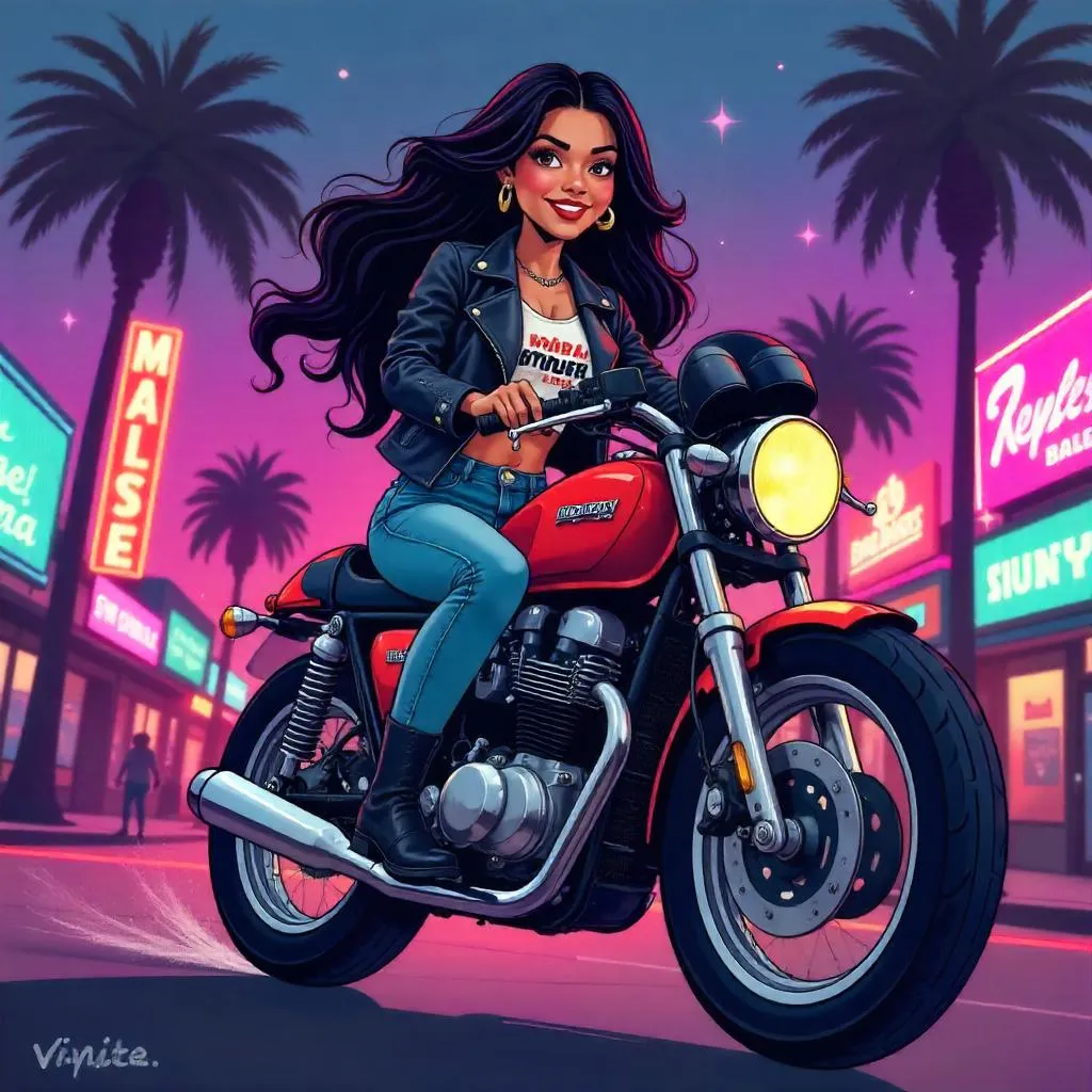 Stylish Latina Rider on Neon City Motorcycle