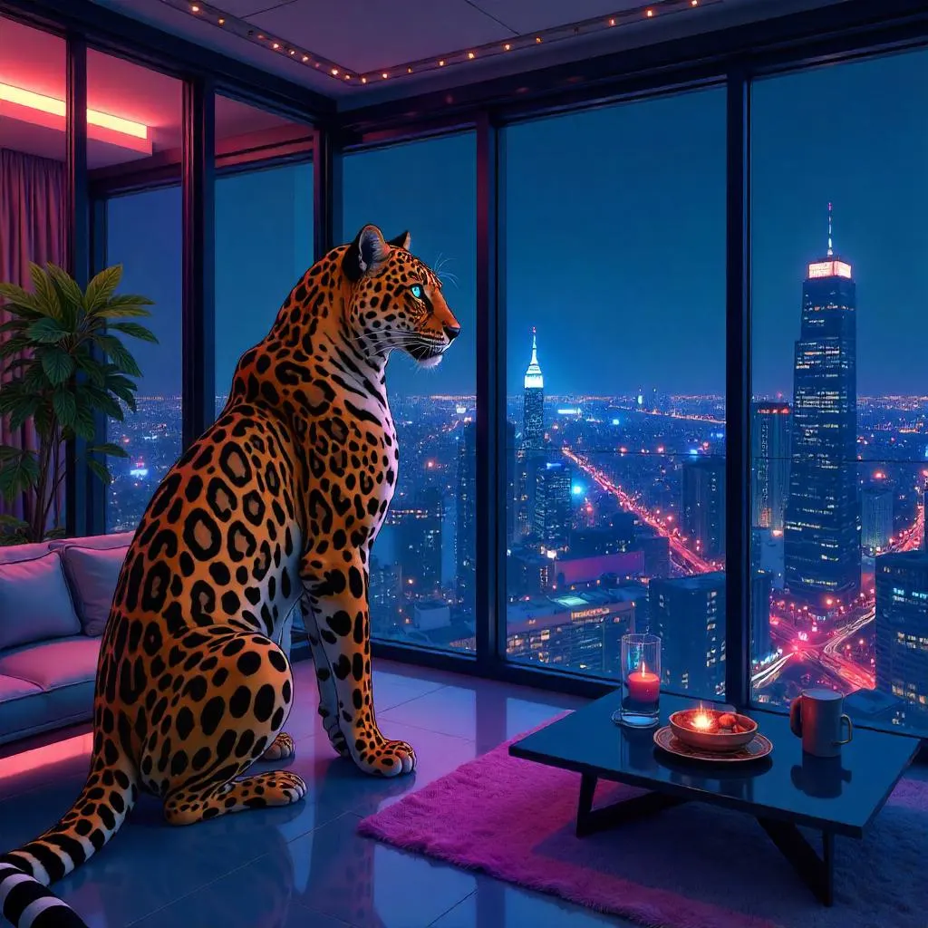 Leopard in an Anime Penthouse at Night
