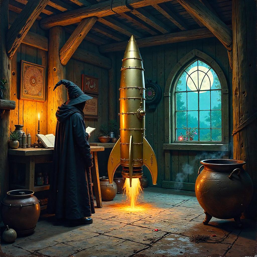 Rocket in a Witch Hut: Oil Painting Scene