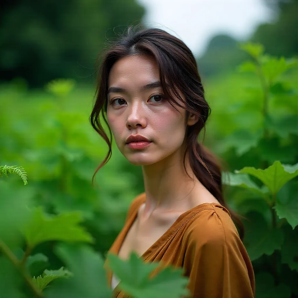 Serene Portrait Amid Green Foliage on a Cloudy Day