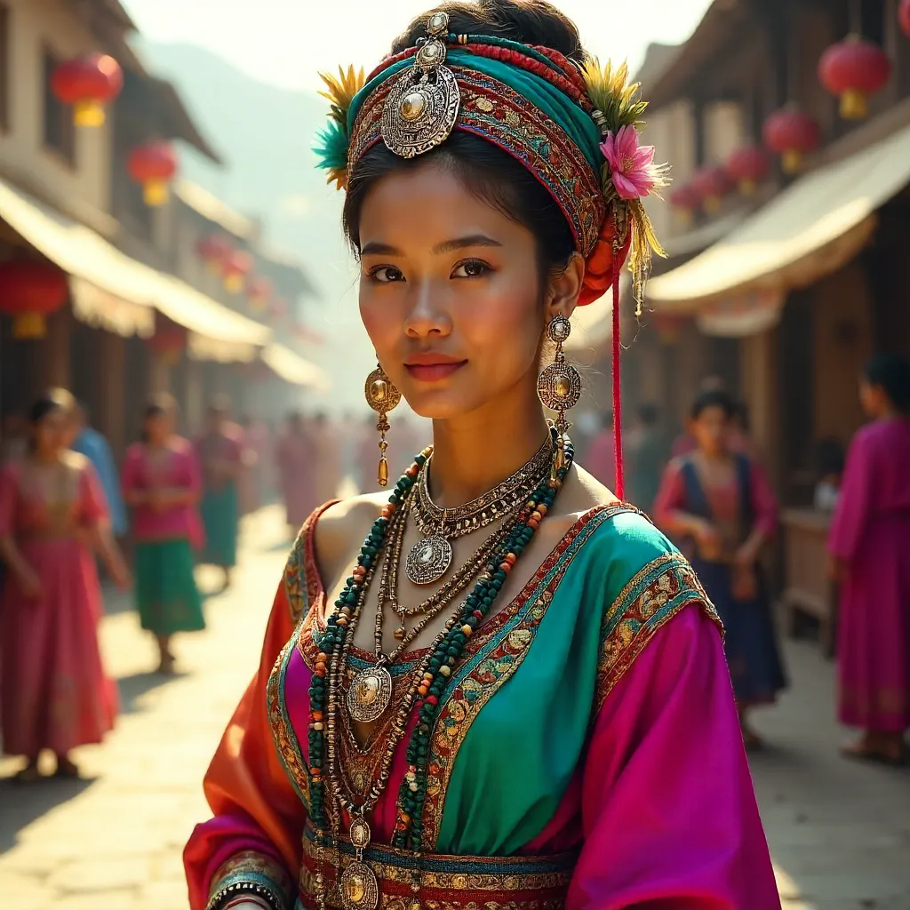 Vibrant Traditional Attire with Headdress and Jewelry